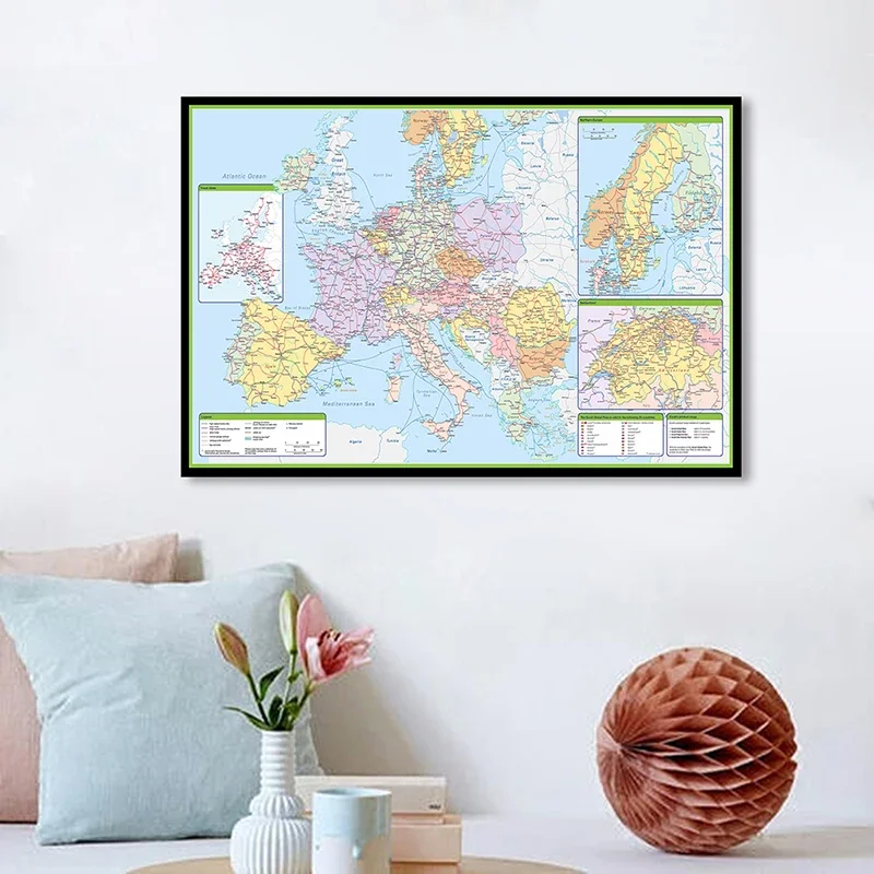 

The Europe Political Map with Traffic Route 84*59cm Canvas Painting Wall Art Poster Home Decor School Classroom Supplies