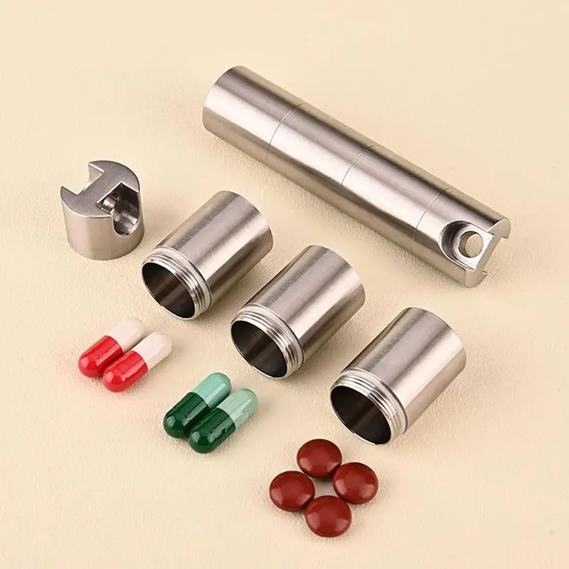 Portable Waterproof Metal Capsule Box Mini Medicine Holder Keychain Stainless Steel Pill Case Pendant Mini Travel Pill Box