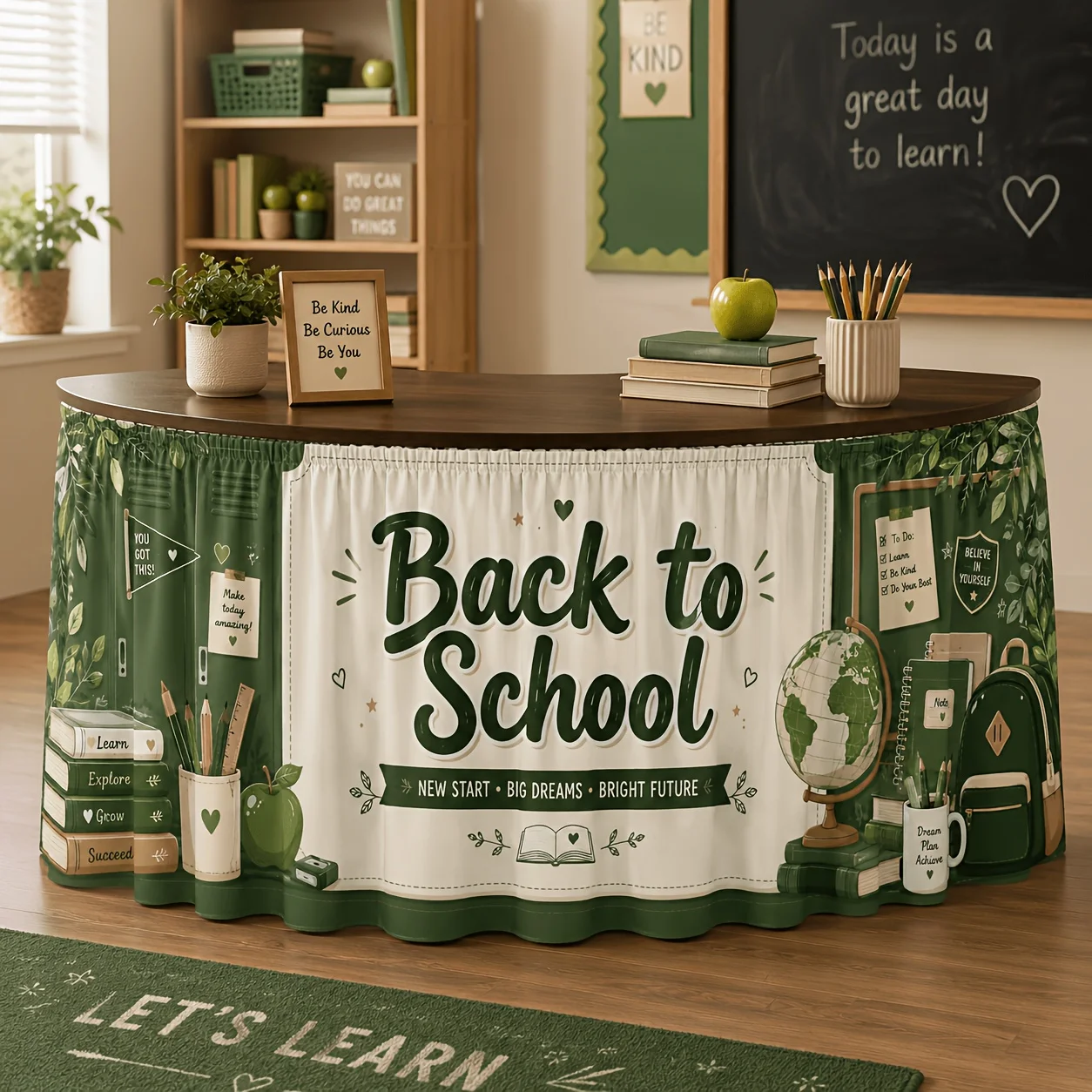 Classroom decoration, teacher desks, and welcome event tables are all made of polyester material, with clear printing.