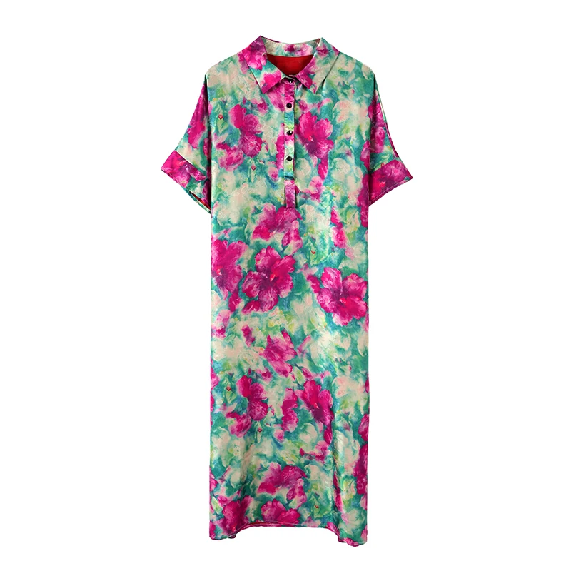 Boho Bloemenzijde Elegante Casual Damesjurk Zomer Korte Mouw Polokraag Kantoor Damesjurk 2024 Koreaanse Vintage Feestjurk