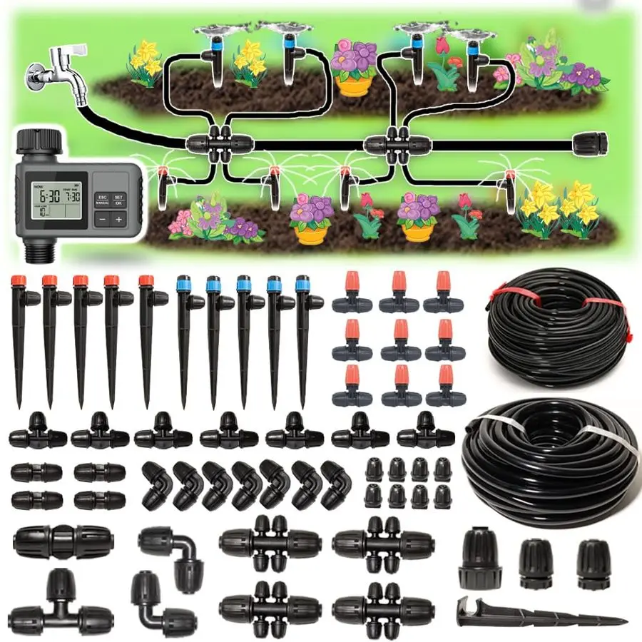 

Drip Irrigation System with Timer for Garden Kit Automatic Irrigation Equipment Lock Fittings Micro Drip 360 Degree Fan Sprayer