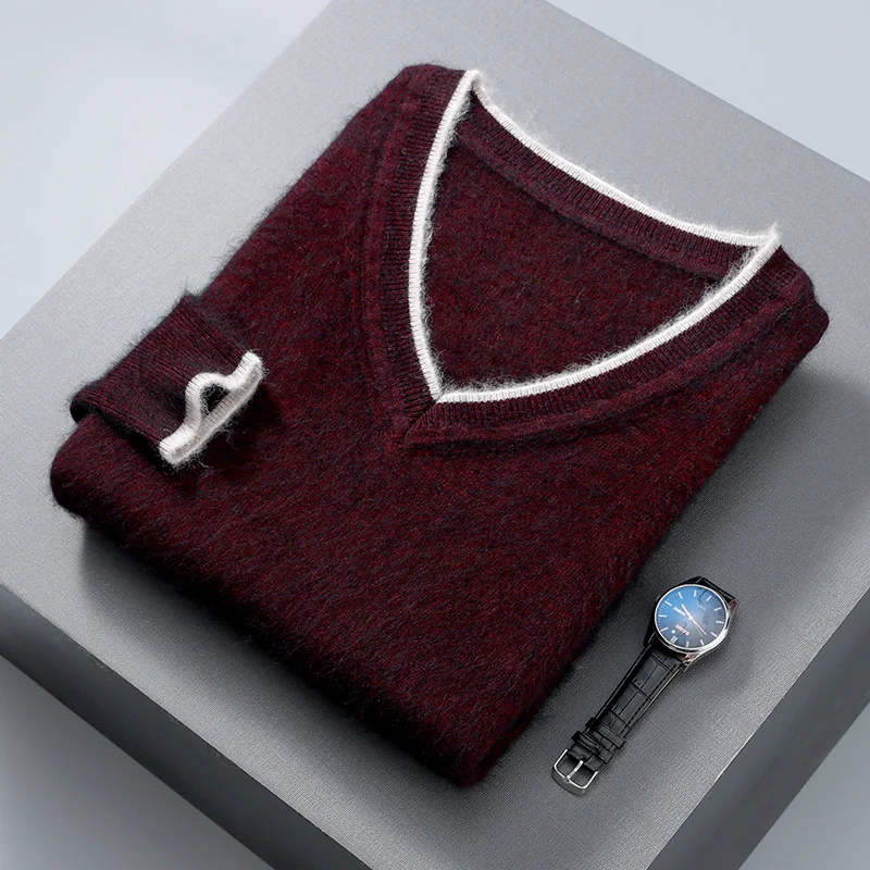 

Autumn And Winter New High-End Men's Wool Knitted Bottoming Shirt V-Neck Color Matching Business Mink Cashmere Sweater