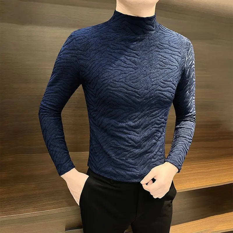 

Flocked Half-high Neck Base Shirt Men's Handsome Style Mid-neck Close-fitting Long-sleeved T-shirt JJ909