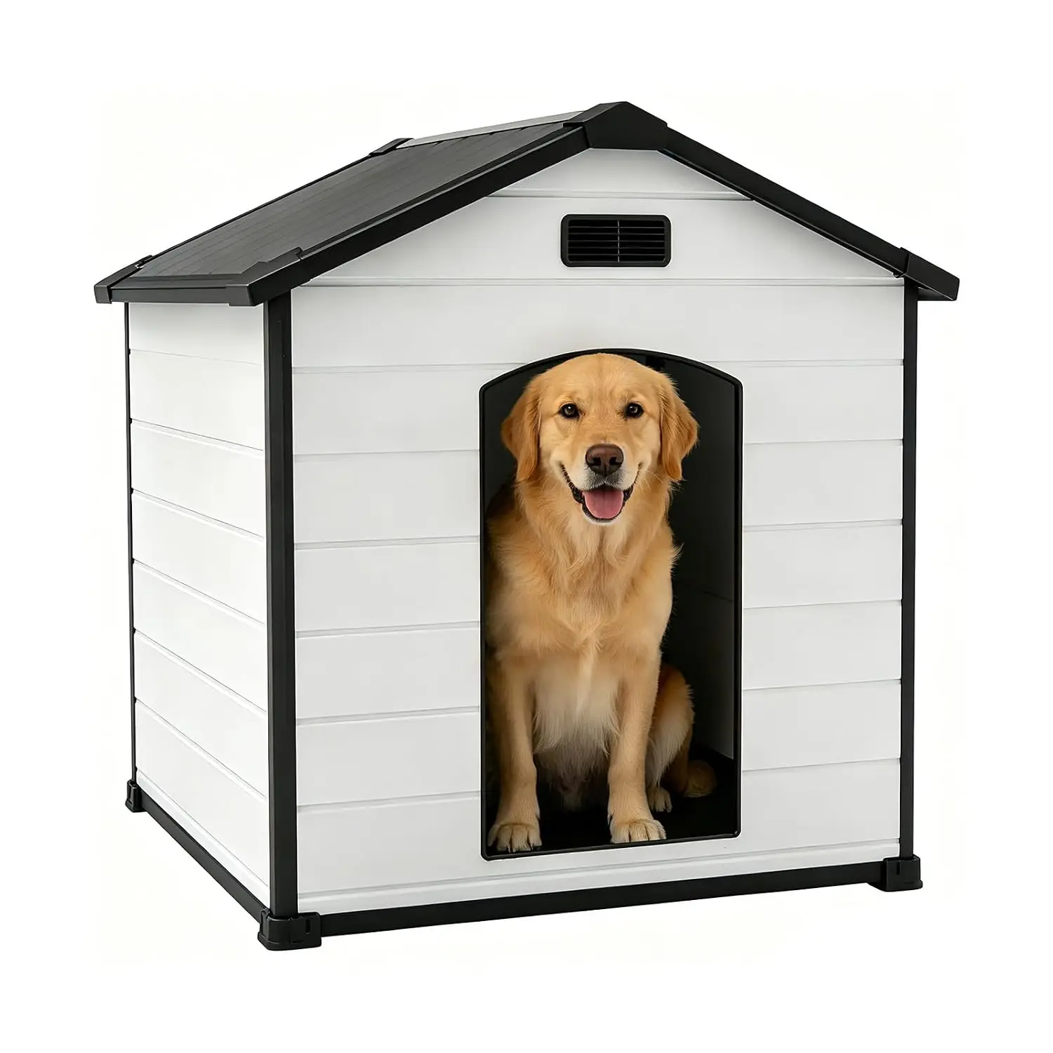 With Elevated Floor & Air Vent, Extra Large Dogs House Shelter for Large Breed White+Black