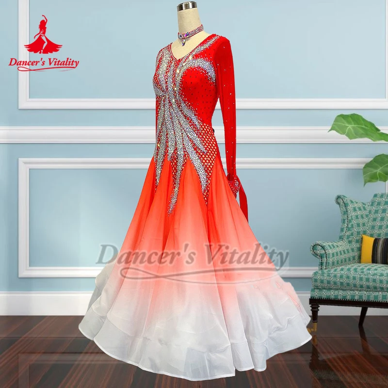 Valse adulte femme rouge-blanc dégradé couleurs AB pierres robes de compétition avec collier luxueux personnaliser la vitalité du danseur