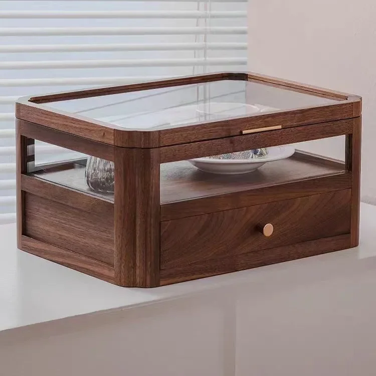 Desktop teapot storage box, black walnut teacup tea set holder, glass storage cabinet, solid wood finishing display cabinet