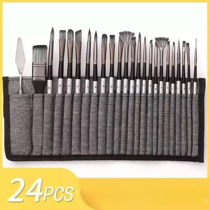 24 Pack Paint Brush Set with Organizer Roll & Palette Knife, Multiple Brush Shapes for Acrylic, Watercolor, Oil Art Painting Kit