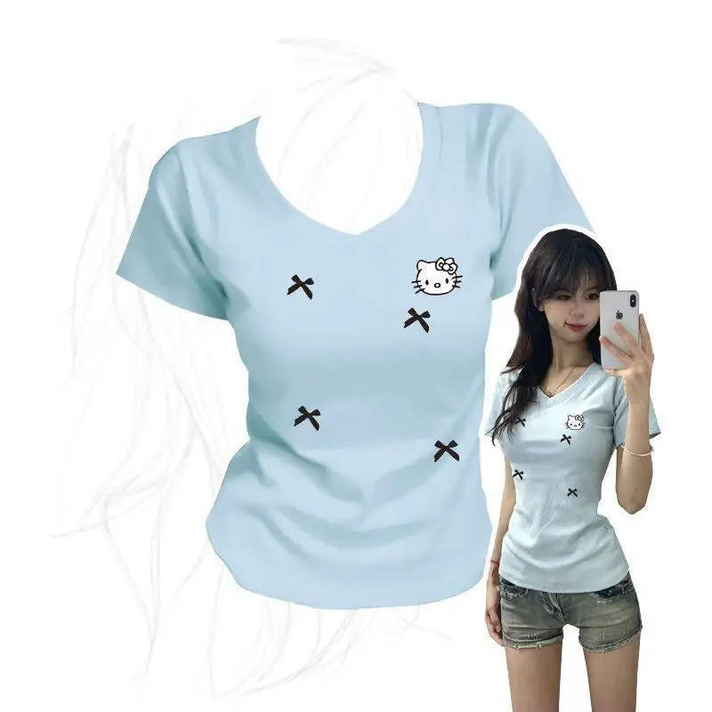 

Женская футболка Sanrio Hello Kitty, хлопковая, с коротким рукавом, приталенная, розовая, в корейском стиле, для студентов, летняя, повседневная