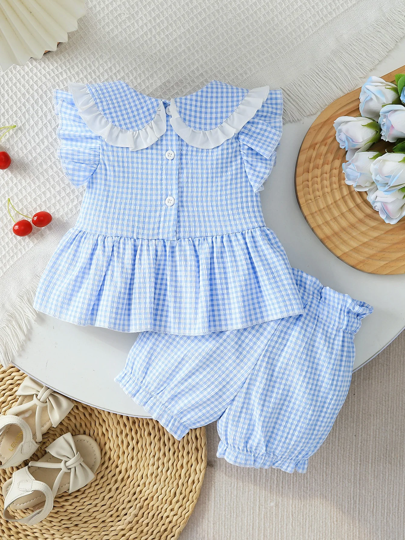Summer Baby Girls 2Pcs Set 9-12M Blue Gingham Cherry Embroidered Ruffle Top & Bloomers  Infant Casual Daily Wear