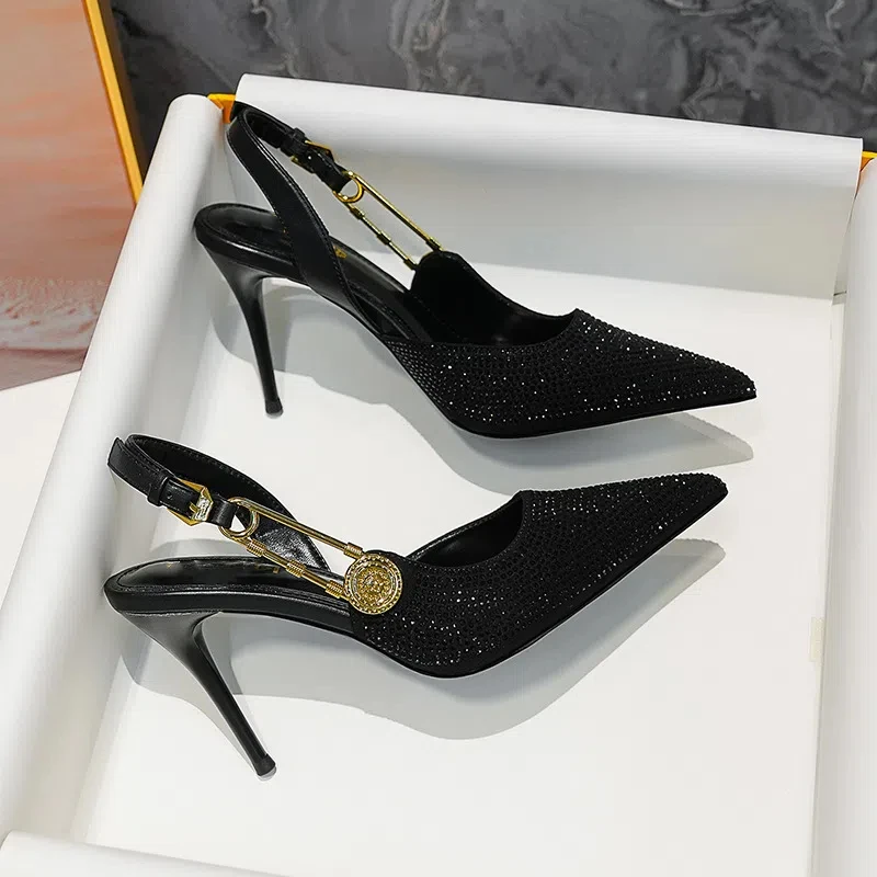 New Spring and Summer Women\'s High Heels with Closed Toe and Golden Round Buckle High Heel Sandals with Rhinestones and Pointed