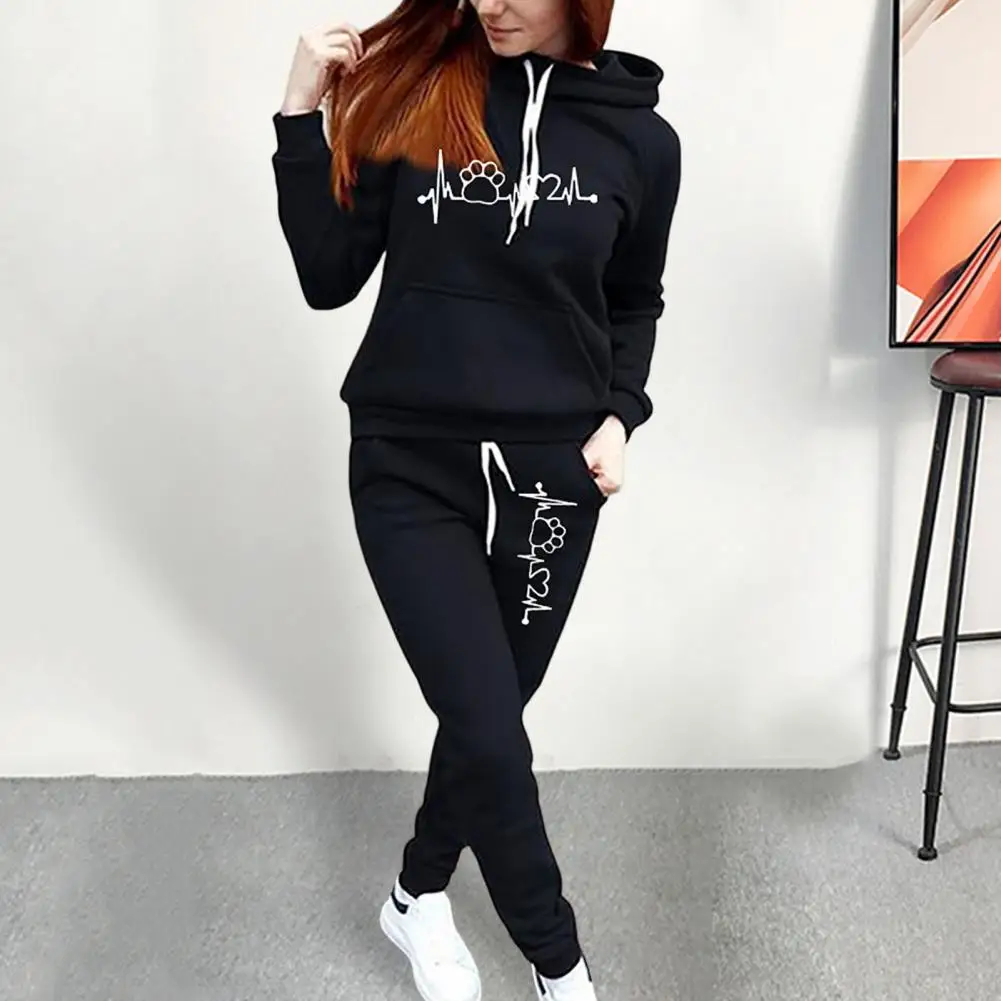 2Pcs/Set Trendy 3D Cutting Casual Tracksuit Pockets Lady Winter Heartbeat Print Slim Hoodie Sweatpants Set Cold Resistant