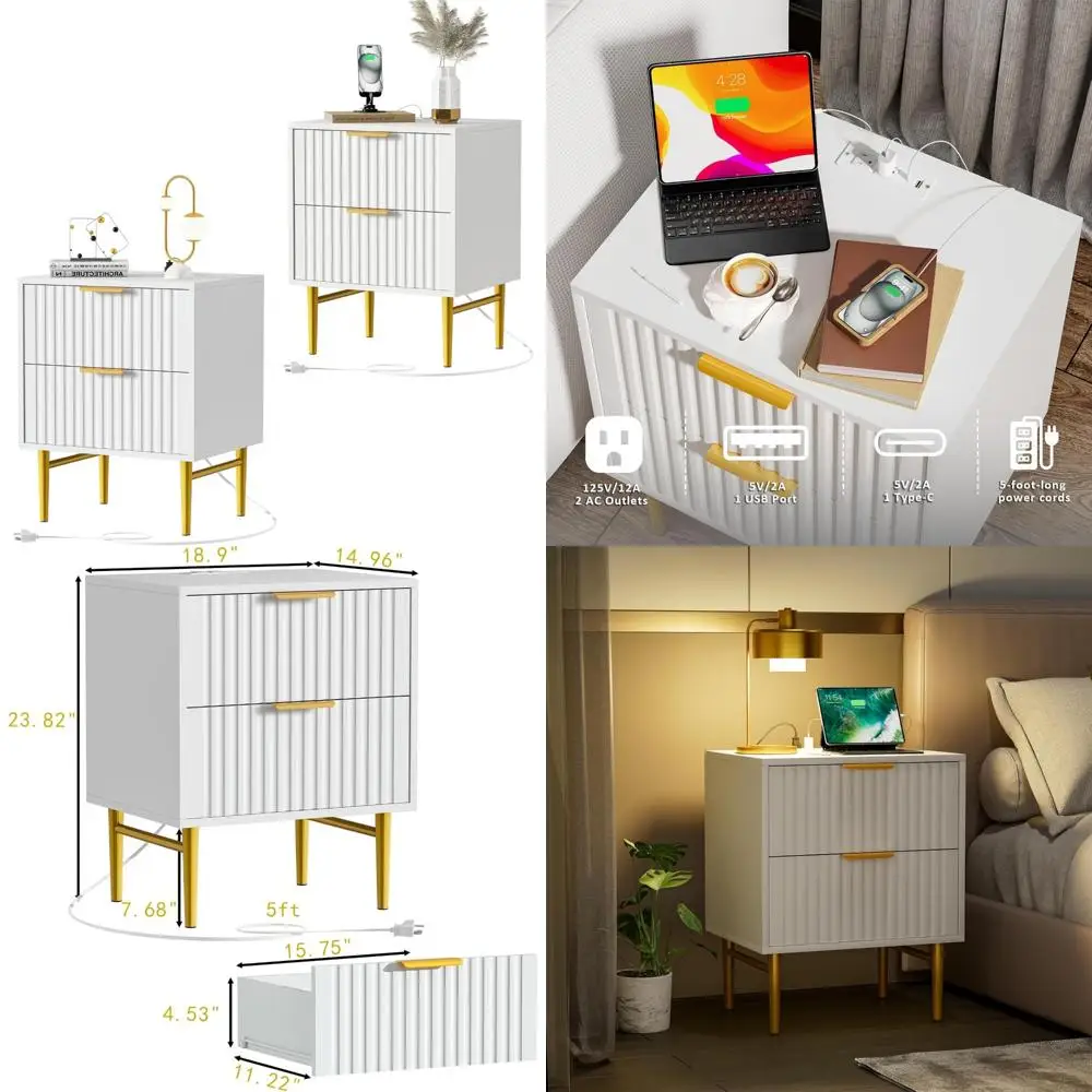 Modern Charging Station Nightstands Set of 2, Wooden Side Tables with USB Ports and Outlets, 2 Drawers Nightstands for Modern Be
