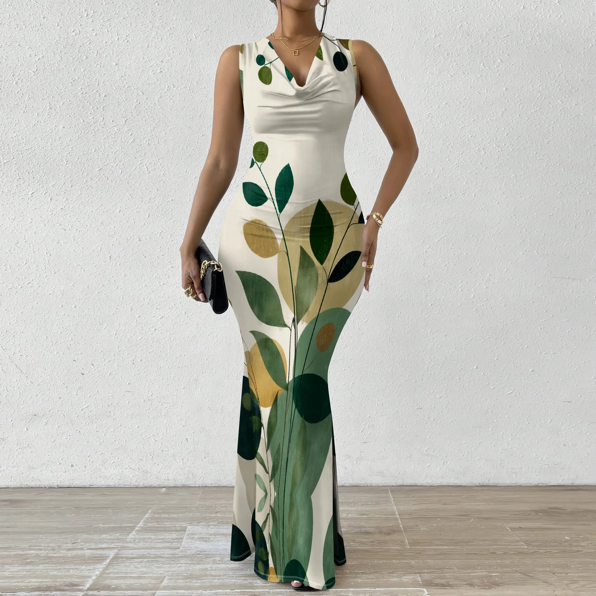 

Green Leaf Print Maxi Dress XS-3XL Drape Neck Sleeveless Bodycon Style for Garden Wedding, Spring Brunch or Nature Retreat Look