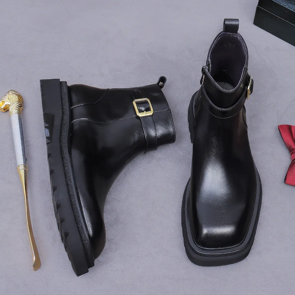 

Men's New High-Heel Leather Boots | Plus Size, Metal Buckle, Cowhide Genuine Leather Business Formal High-Top Dress Shoes