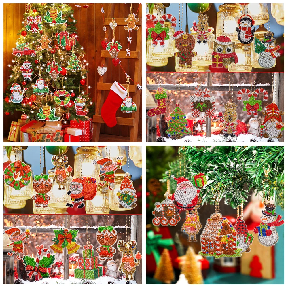 

12pcs DIY Diamond Art Christmas Keychains Acrylic Double Sided Diamond Painting Christmas Ornaments for Christmas Tree Decor