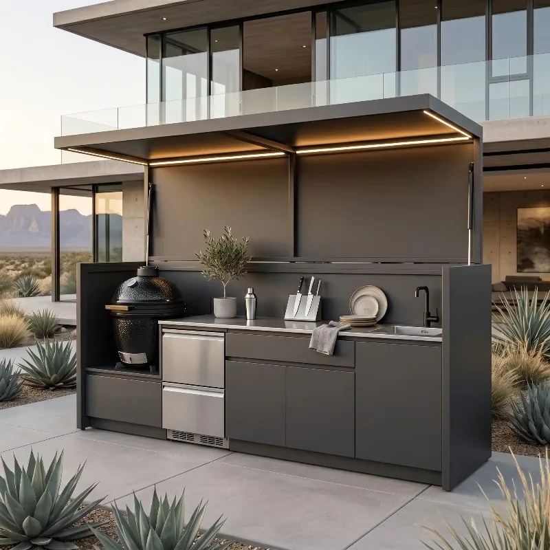 High-end Terrace 304 Stainless Steel Outdoor Kitchen Set, Fireproof Outdoor Kitchen BBQ Island, Outdoor Cabin with Courtyard