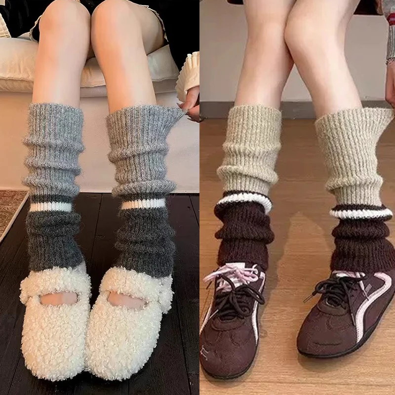 

Y2K Retro Fashion Color-blocking Knitted Leg Warmers Women Winter Warm Foot Cover Knee Socks JK Lolita Girls Long Stockings