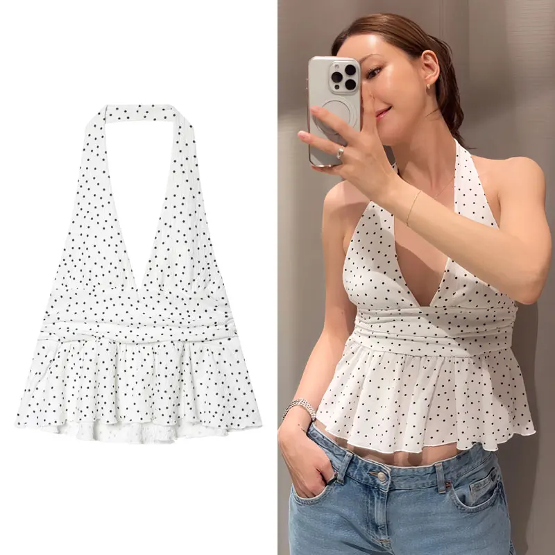 

Tanks & Camis Polka Dot Halter Top Woman Summer Clothes 2025 Cap Sleeveless Corset White Top Street Wear Woman Fashion T-shirt