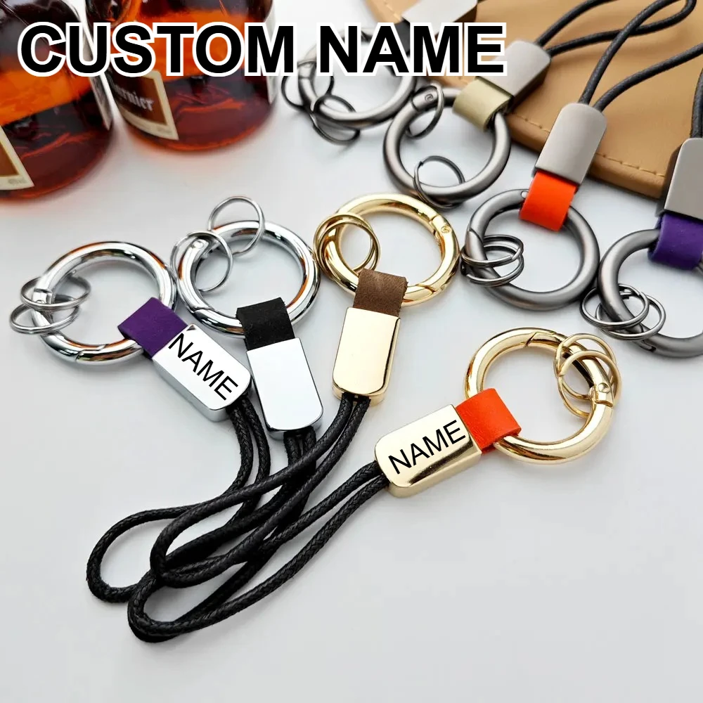 

Suede Leather Retro Personalized Key Chain Ring Custom Name Metal Keychain for Men Women Lanyard Cotton Rope Strap Keyring Gift