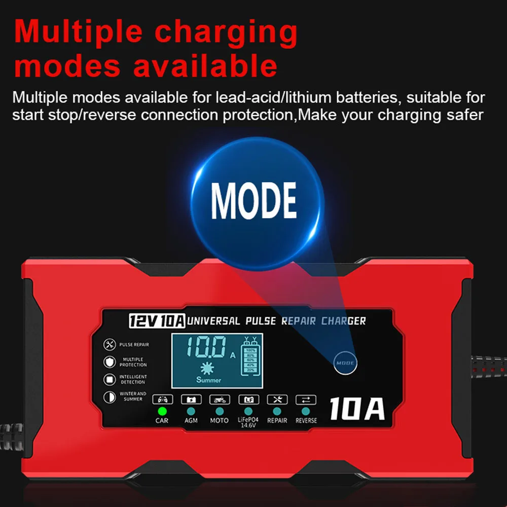 Smart Battery Charging Car Battery Charger 12V 10A Pulse Repair 14.6V 10A Iron Lithium Charger EU/US Plug Digital LCD Display