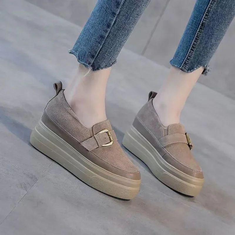 Thick Sole Shoes Women Spring New Genuine Leather Versatile Black Casual Elevated Women\'s Shoes Platform Sneakers High (5cm-8cm