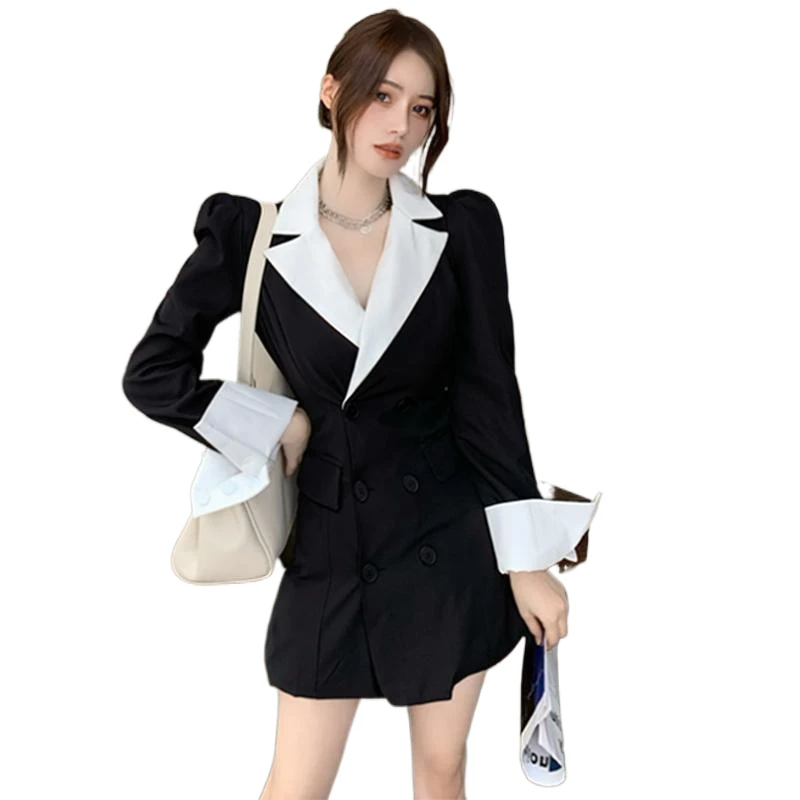 New Blazers for Women Spring Autumn Office Lady Patchwork Suit Dress 2023 Korean Graceful Black Double Button Long Jacket Female