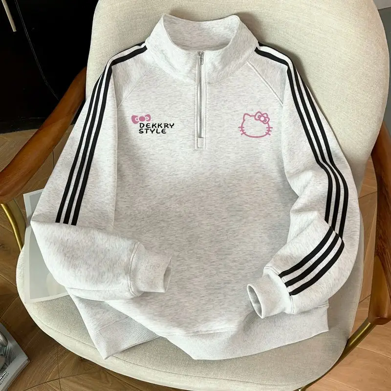 

Повседневная розовая куртка с воротником-стойкой и полумолнией с принтом Hello Kitty, белая, серая куртка для студентов осень-зима, мягкий теплый и удобный топ