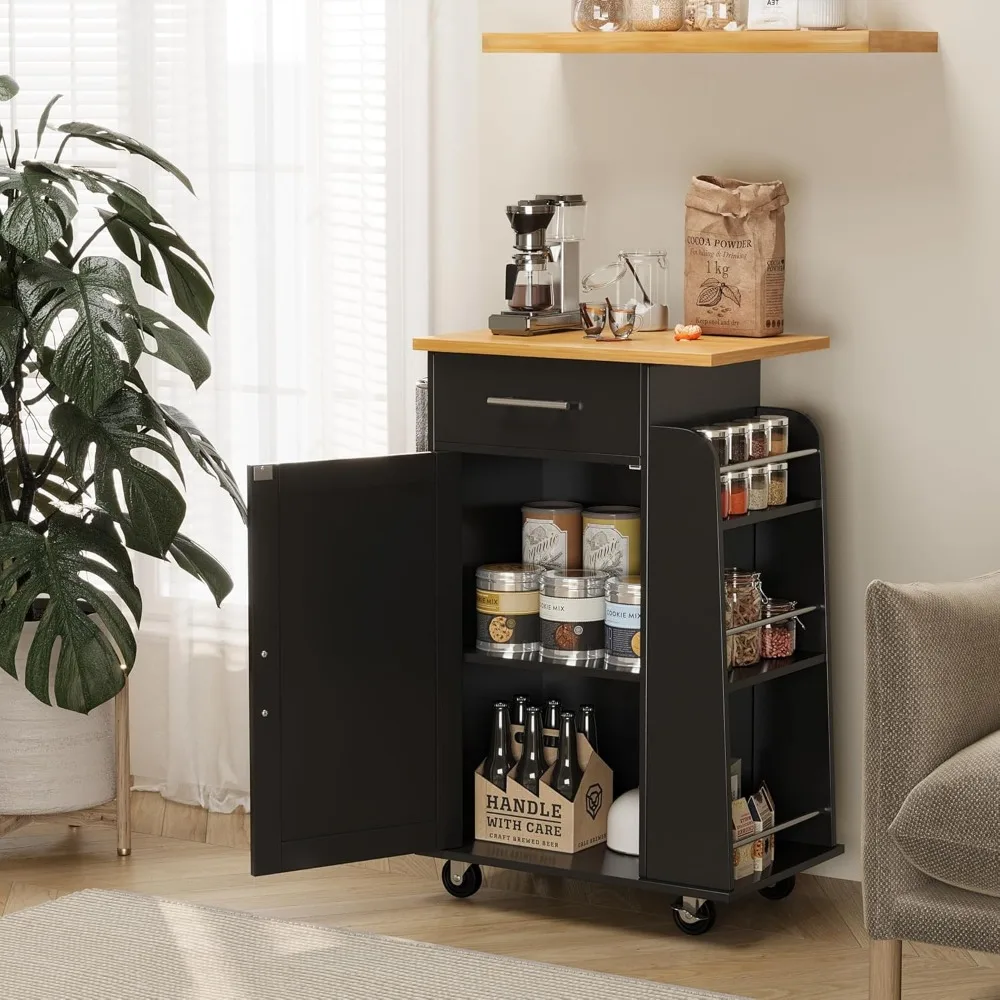 

Wheel Driven Small Kitchen Island with 3 Layers of Side Seasoning Racks and Rubber Wood Top, Handcart with Storage Cabinet