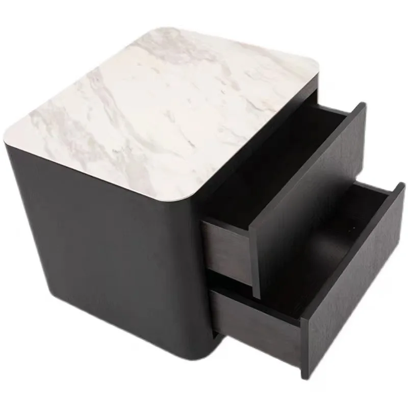 Minimalistyczny włoski stolik nocny z litego drewna w kolorze przydymionym, metalowa farba, blat z płyty kamiennej, stolik nocny do sypialni, salonu, szafka boczna z miejscem do przechowywania.