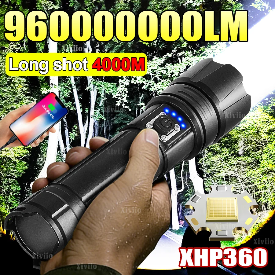 

Самый мощный светодиодный фонарь XHP360, 96000000LM, суперяркий, дальность действия 4 км, перезаряжаемый тактический фонарь, лампа для кемпинга
