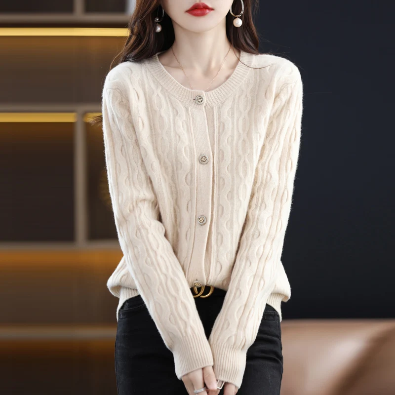 100% wool cardigan women's autumn and winter new round neck long sleeve sweater coat loose Joker sweater