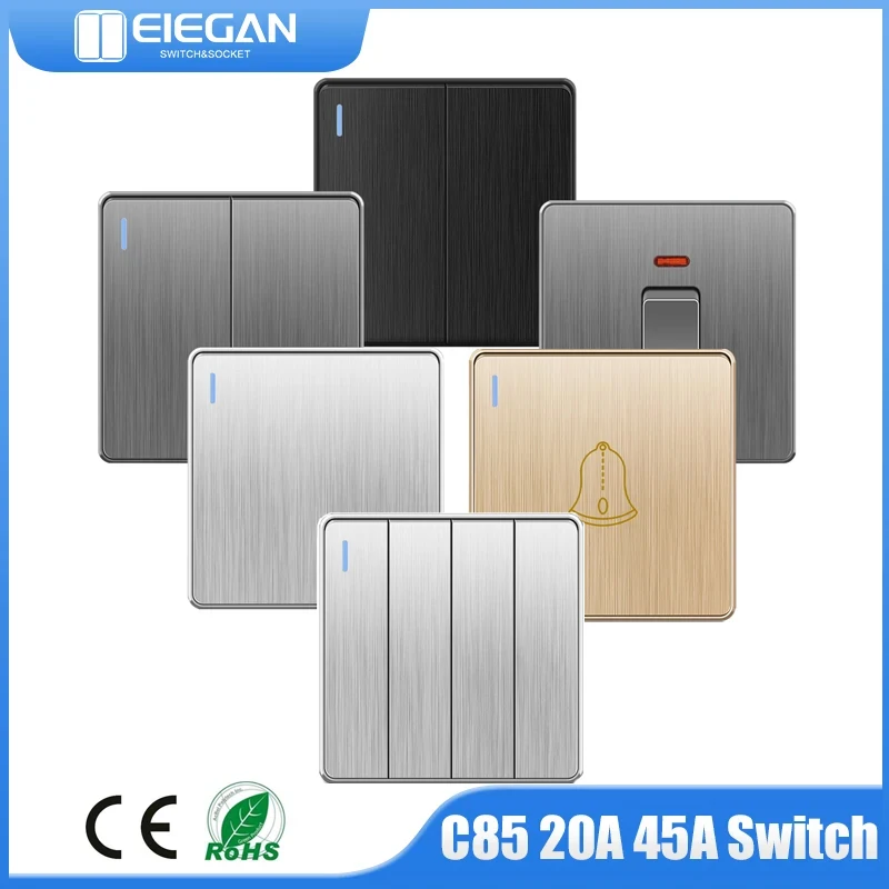 C85 EU/UK/UN Two Way Wall Switch Push Button Doorbell 20A 45A Brushed PC Panel Water Heater Light Switch On Off