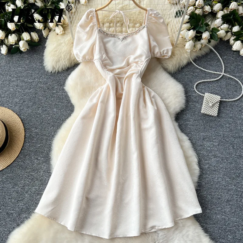

HKSH Summer New Women French Elegant Sweet Dress Embroidered Diamond Hollow Out Tie Puff Sleeve Waist Cinching Long Skirt HK5718