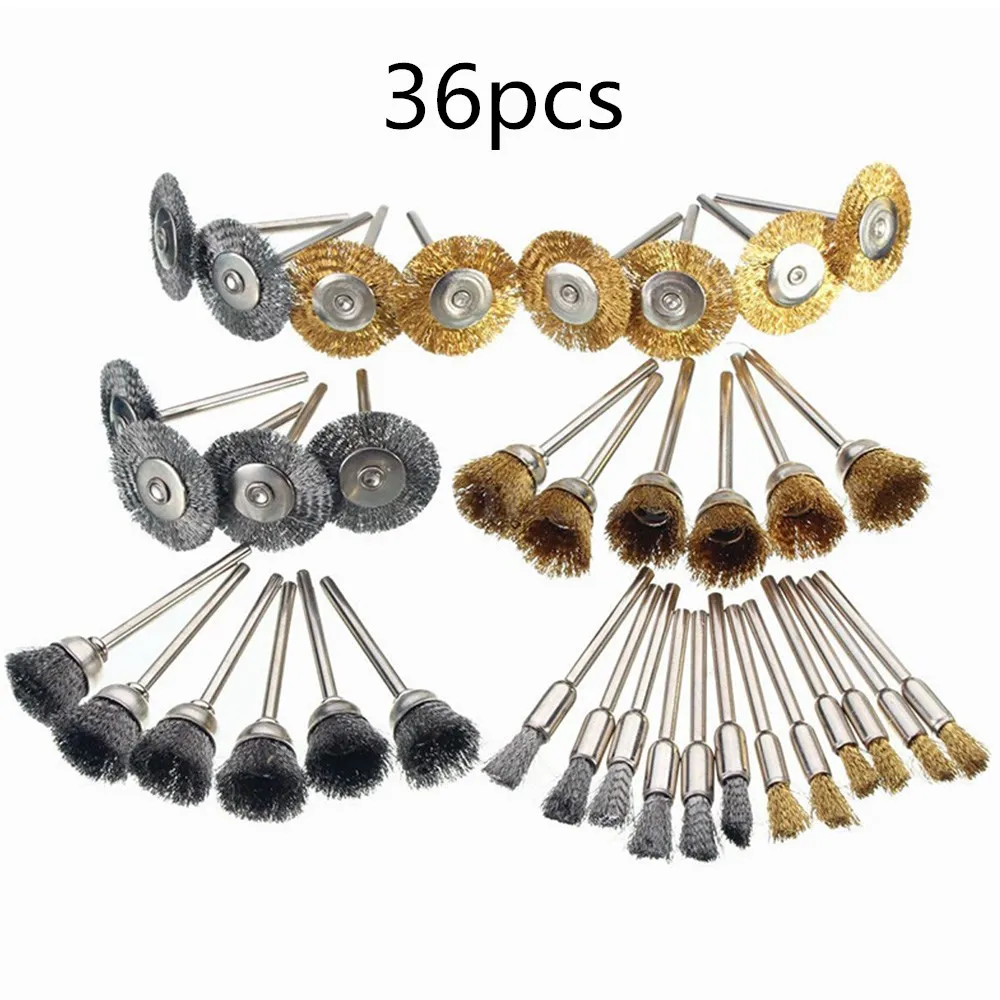 36/60Pcs Brass Brush Steel Wire Wheels Brushes Drill Rotary Tools Polishing Dremel Rotary Tools Metal Rust Removal Brush Set