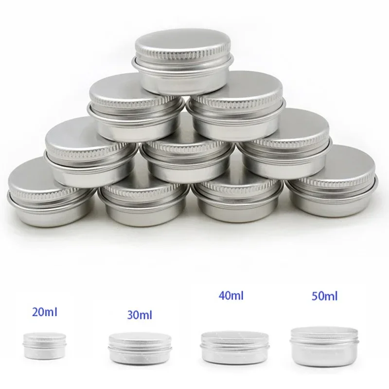 10pcs 20g 30g 40g 50g Silver Aluminium Tin Candle Jars Empty Cosmetic Container Lip Balm Nail Art Makeup Cream Jar Storage Box