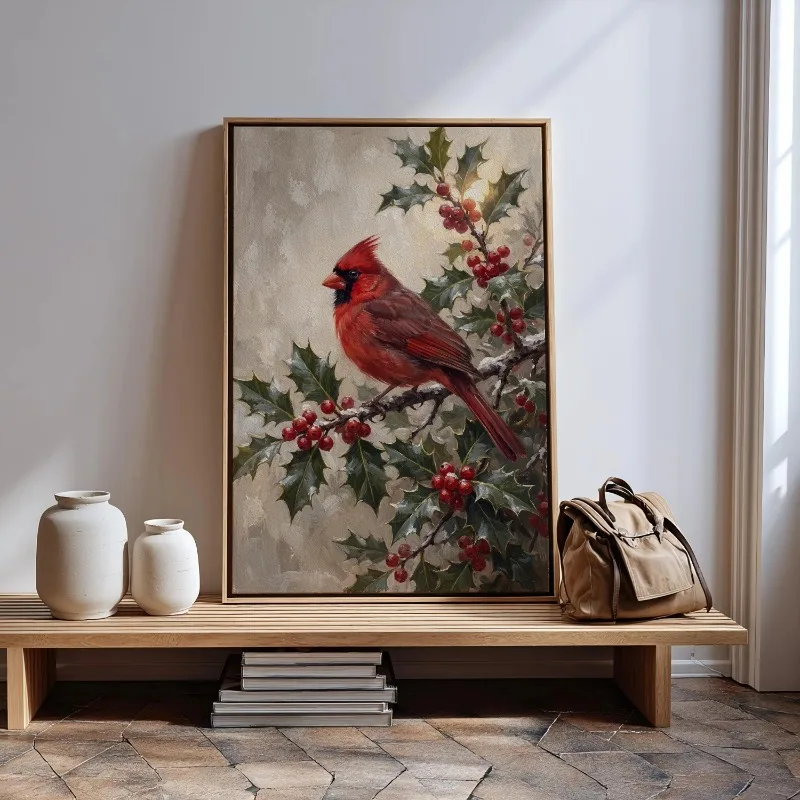 Red Cardinal Bird Holly Berry Canvas Wall Art Winter Christmas Unframed Canvas Print Vintage Festive Living Room Home Wall Decor