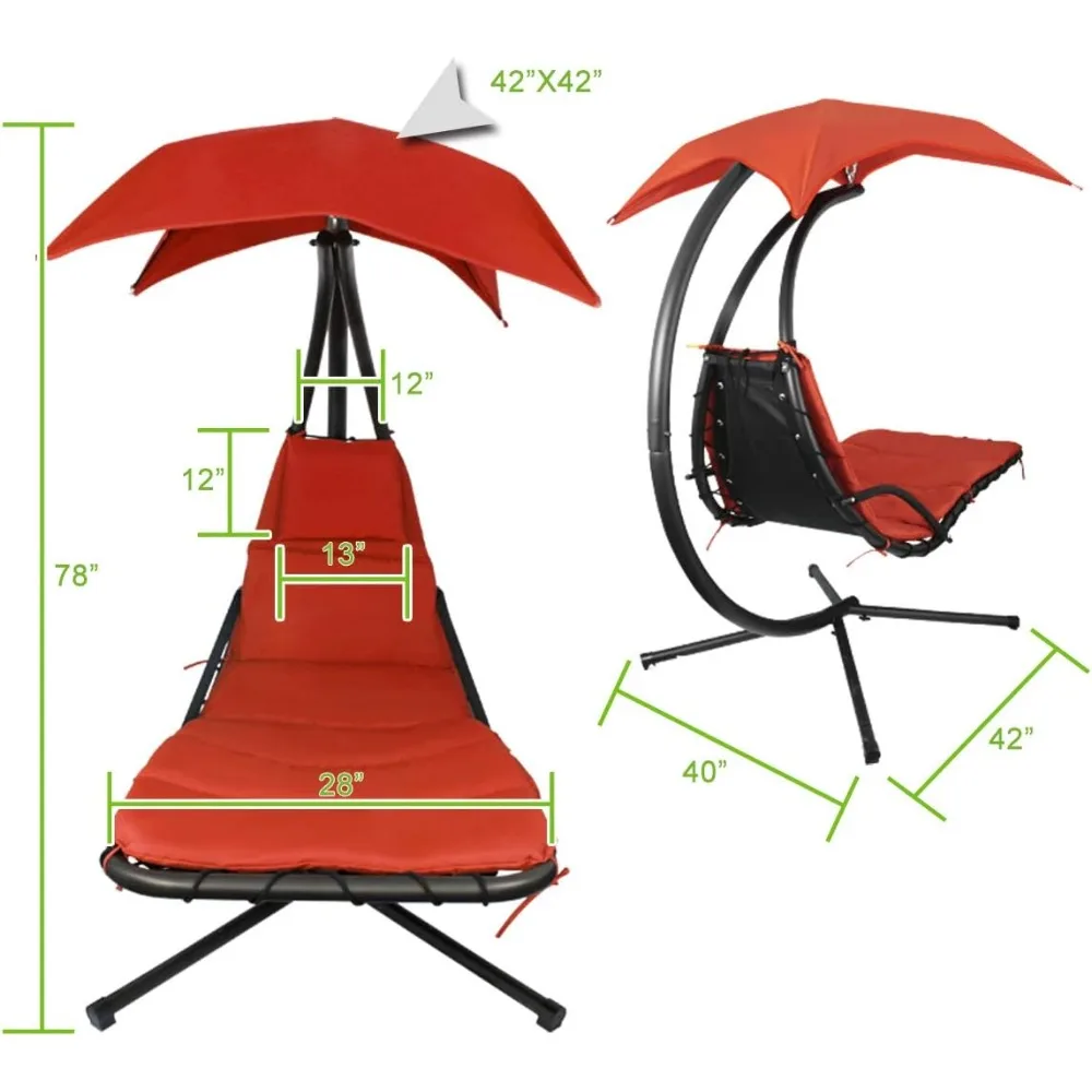 كرسي أرجوحة خارجي برتقالي مع كرسي مبطن، وأرجوحة معلقة، وحامل مظلة من الشمس