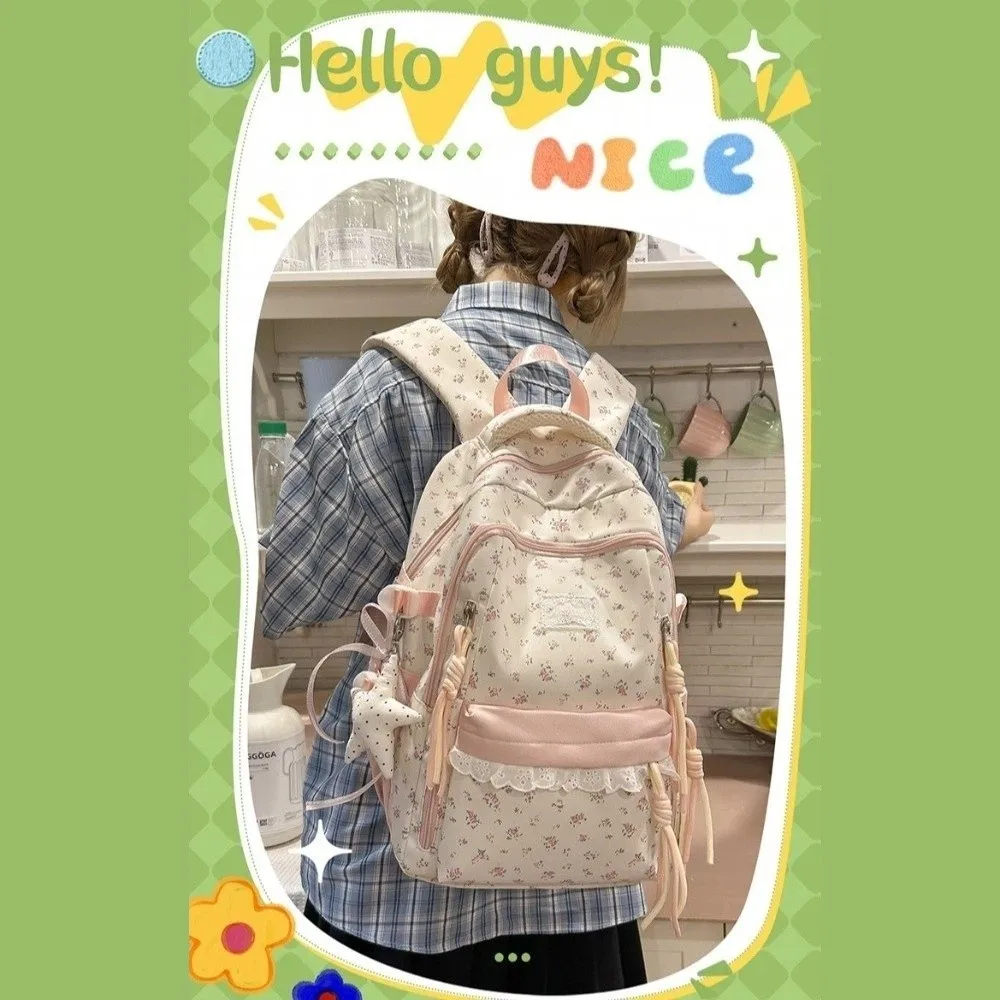 Lace Decor Floral Print Backpack Large Capacity Ultra Lightweight School Bag Star Pendant Fresh Aesthetic Bookbag Back To School