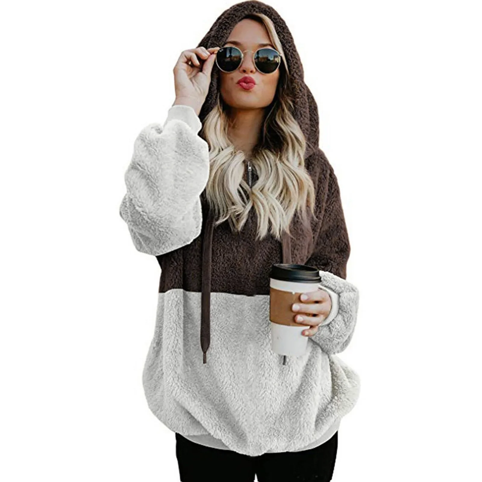 Women's pullover Women's Color Blocking Hooded Stitched Long Sleeve Zipper Plush Sweatshirts