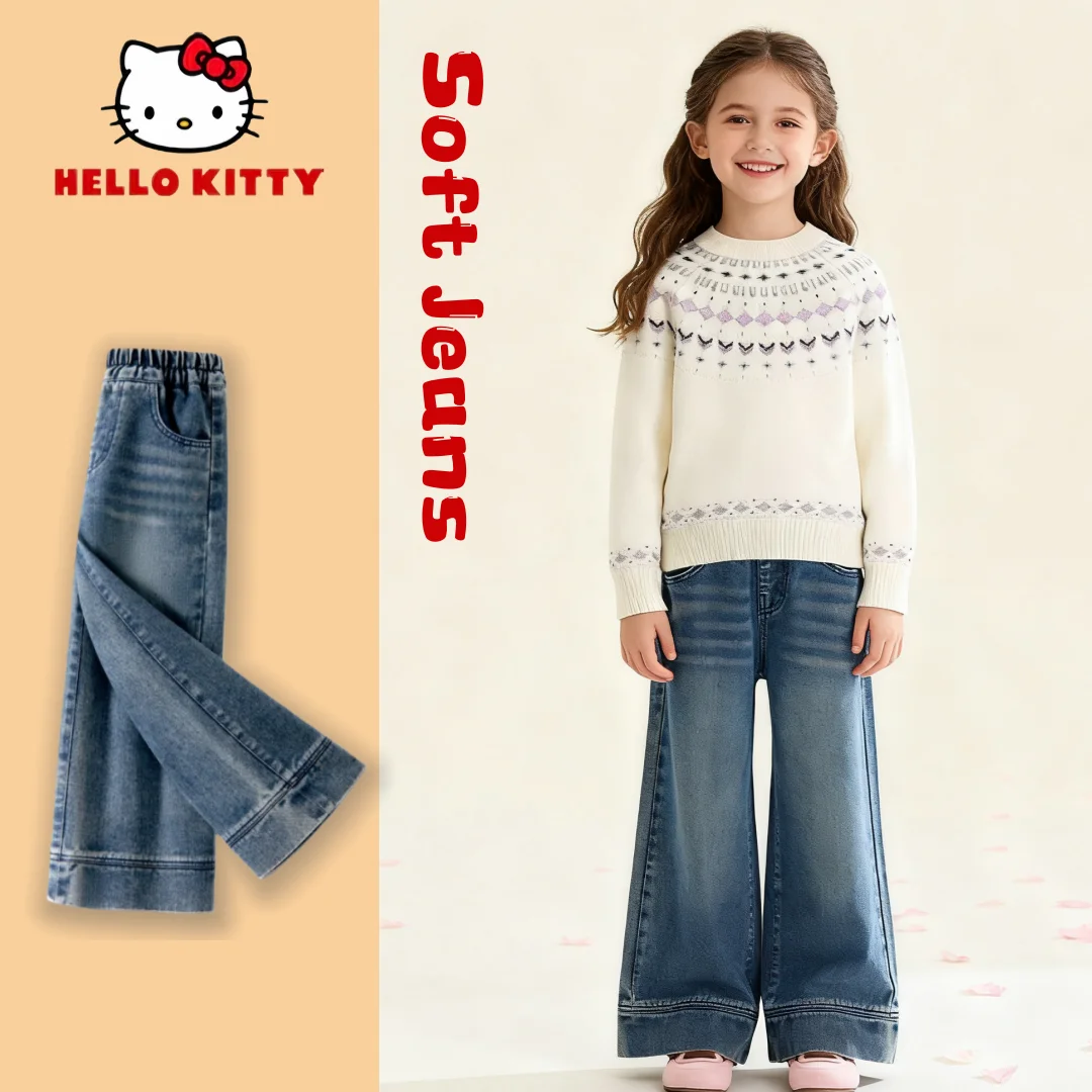 Hello Kitty Jeans blu stile trendy per bambini Pantaloni eleganti in denim con taglio a stivale per bambini Pantaloni antivento Jeans di alta qualità