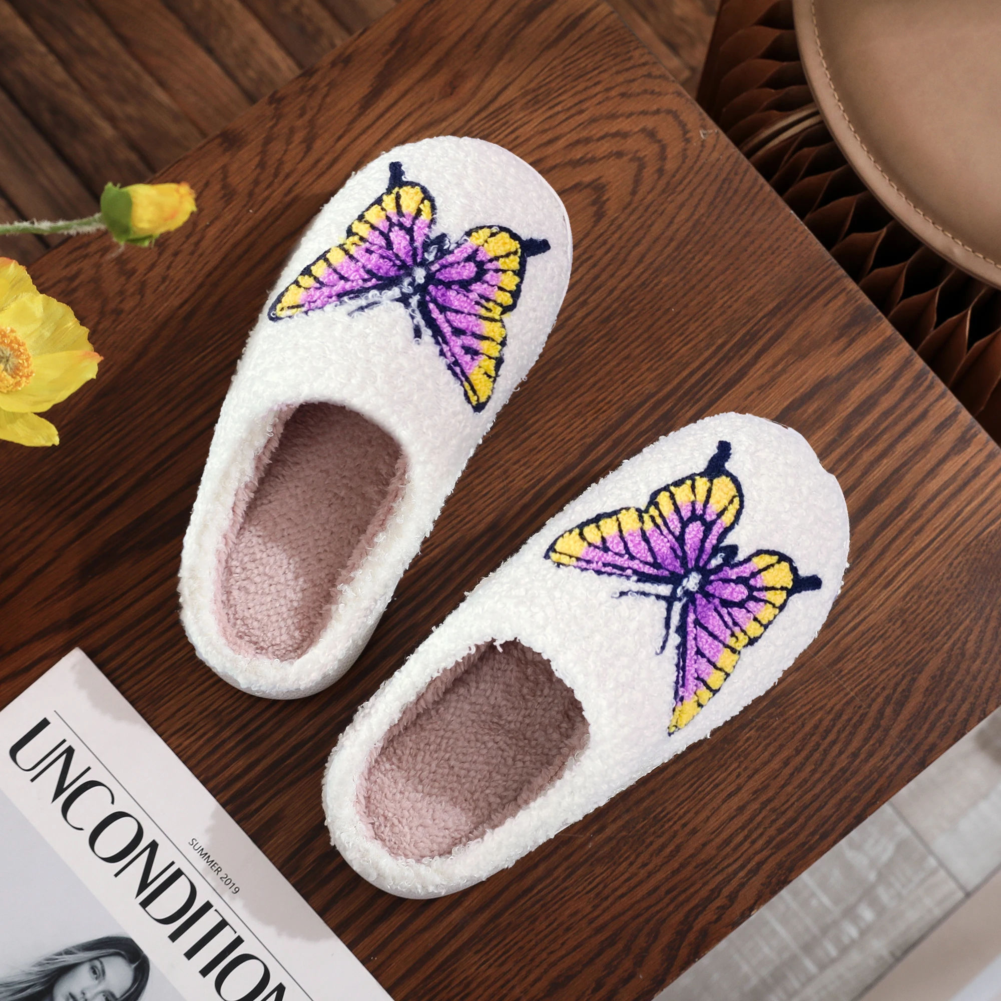 Butterfly Pattern Embroidery stuffed Home Thick Bottom plaid Furry Cotton Slippers Warm Non-slip Indoor Drag