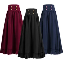 Women Maxi Skirt Vintage Edwardian High Waist A Line Victorian Long Skirt Steampunk Gothic Ruffled Hem Pleated Party Skirts