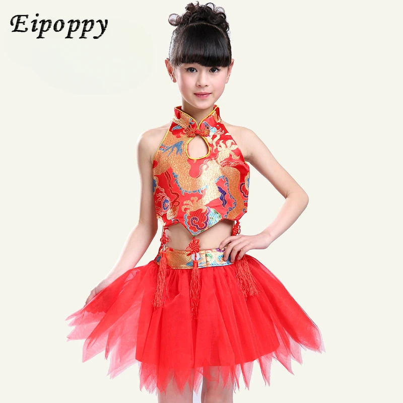 子供のための中国の漫画のスタイルのコスチューム、ベール付きのエプロンドレス、民俗ダンス、男の子と女の子のためのカンフーの服