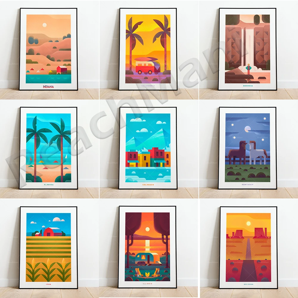 Delaware, Idaho, Connecticut, Idaho, Kansas, Iowa, Indiana, Alabama, Alaska, Arizona, Florida, Illinois, Colorado travel posters