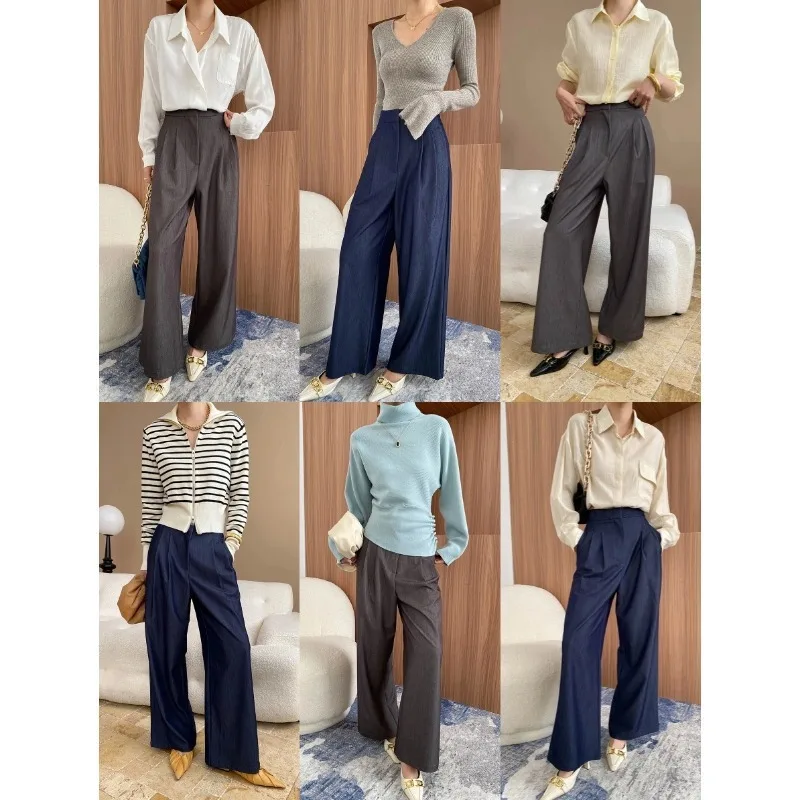 Spring Old Money Tone Flax High Waist Suit Straight Wide Leg Pants