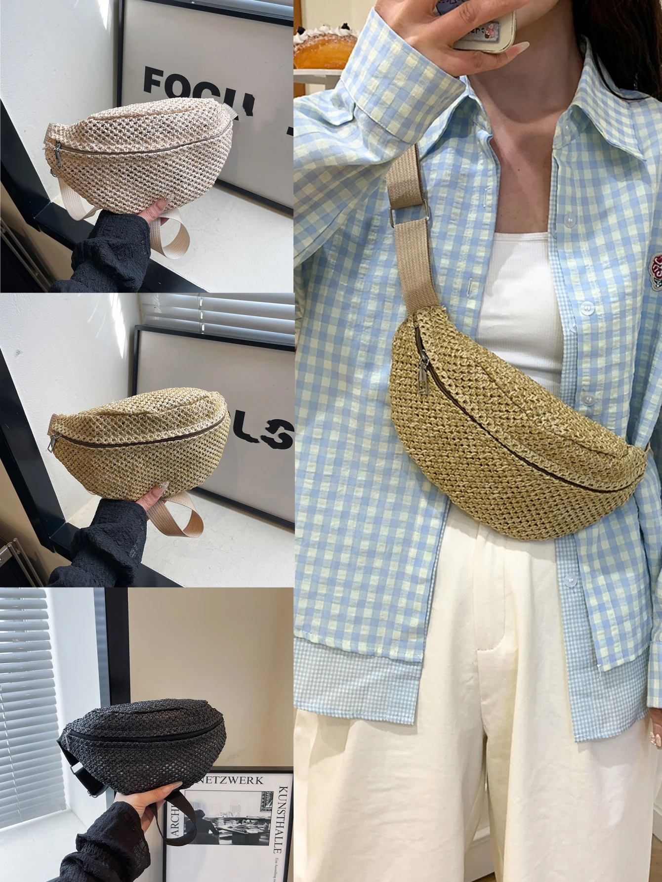Straw Waist Bag Chest Bag Waist Pouch Cross- Body Pouch Sling Bag Travel Imitation Straw Woven Waist Bag Purses Beach Bag