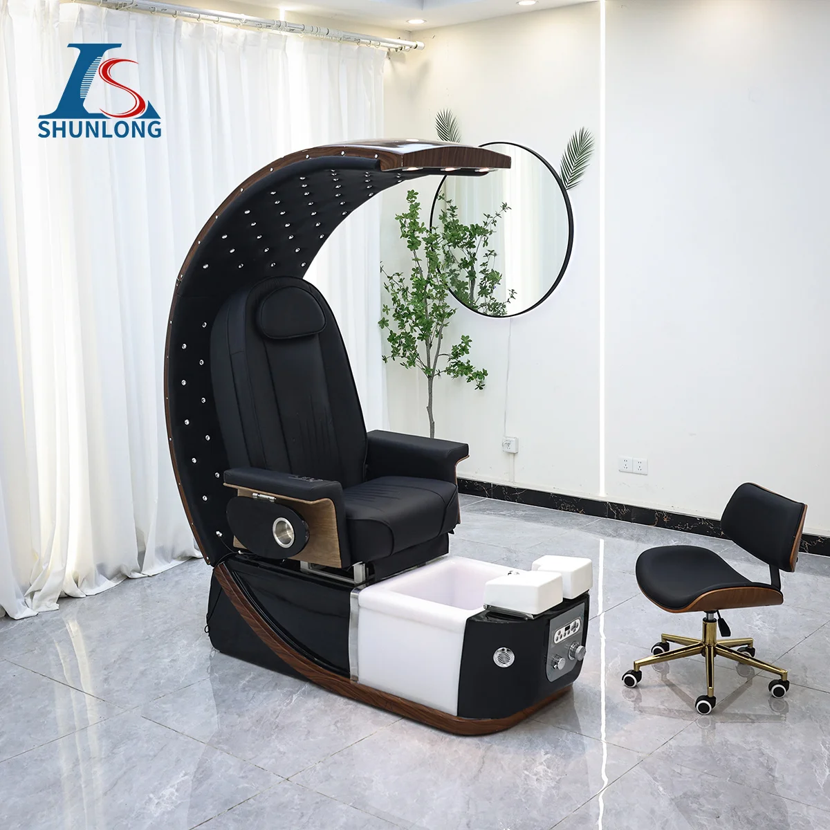 

Wholesale Luxury Electric Black Full Body Massage Pedicure Chair With Drain Pump Colorful Lights Foot Care Chair for Nail Shop