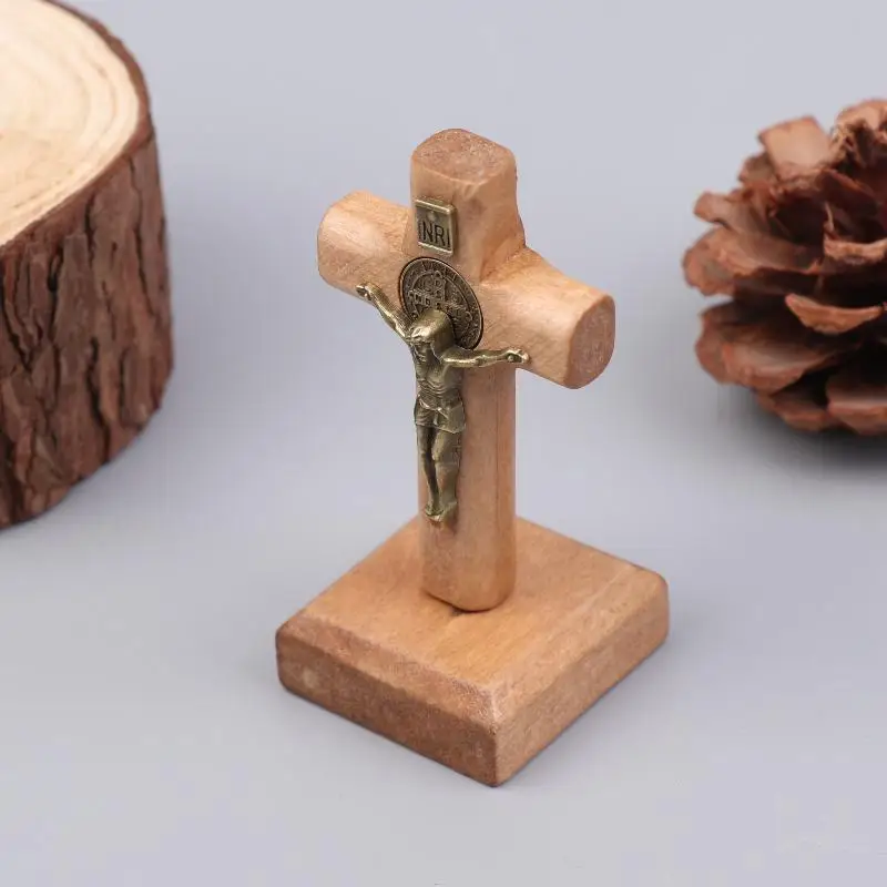 [F] Wooden Standing Cross Small Home Decor Jesu Figurine For Party Housewarming Wedding Gift Bookshelf Cabinet Ornaments