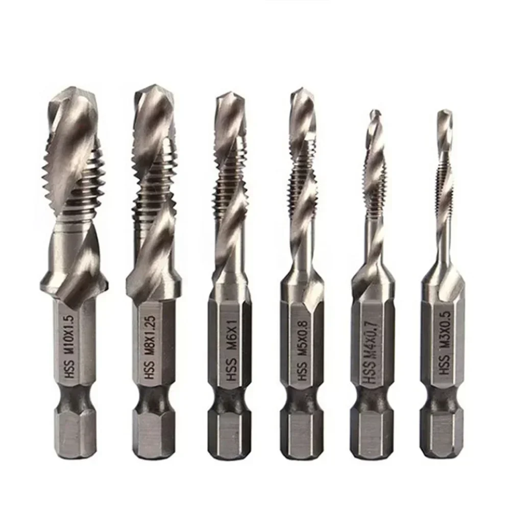 6pcs Metric Thread Tap Drill Bits Set 1/4'' Hex Shank HSS Screw Thread Bit Screw Machine Compound Tap Metal Woodworking Drilling