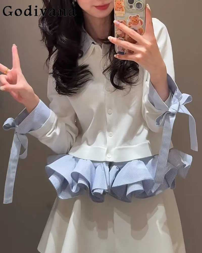 

Japanese Sweet Fashion Women's Knit Cardigan Spring and Autumn New 2026 Lady Fake Two-piece Shirt Splicing Casual Knit Jacket